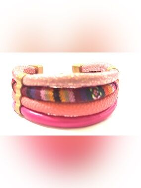 Pink Multi-Row leather  & fabric Women's Bracelet with Woven Accent